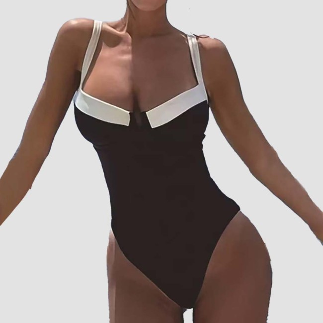 Black and White Striped Sexy Gathered Tight-FittingSwimsuit Pure Color Backless Halter Top High-EndSwimsuit