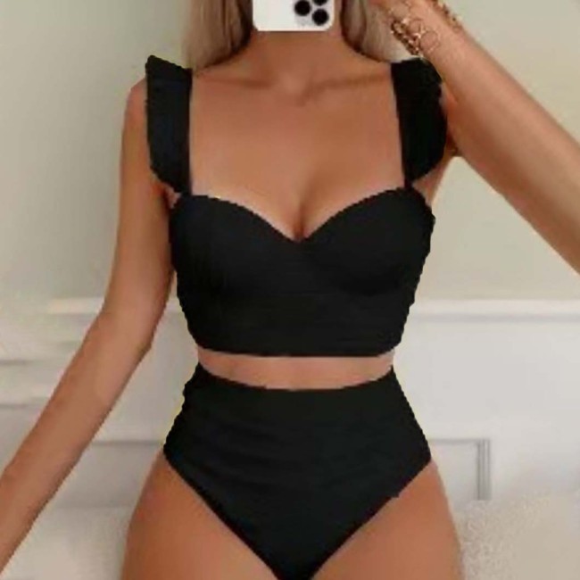 Sexy Two-Piece Swimsuit Ruffled Shoulder StrapsHigh-Waisted Halter Top Swimsuit Fashionable RetroStyle Swimsuit