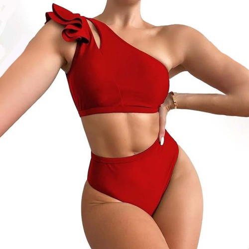 Solid-Color Sexy Split High-Waist swimsuit Multi-ColorSingle-Shoulder Ruffled Ladies' Bikini swimsuit