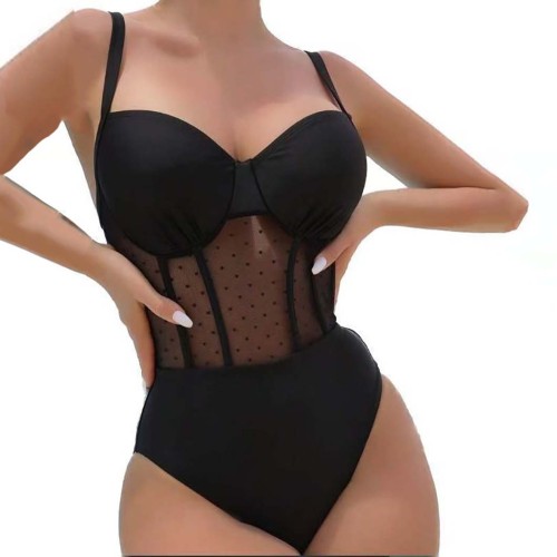 Sexy Net Mesh Polka DOT Patchwork Design one-Piece Swimsuit V-Neck Halter One-Piece Swimsuit