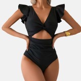 Solid-Color Sexy Ruffled Shoulder Strap One-Piece Swimsuit Fashionable High-Waisted Open-Front One-Piece Swimsuit