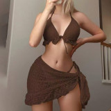 Summer new style sexy three-piece chiffon dress swimsuit bikini with neck strap solid-colored swimsuit