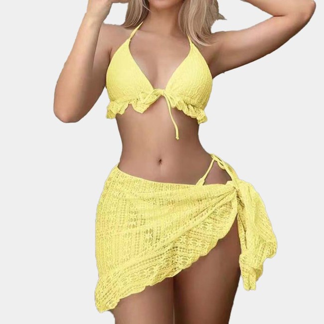 Summer new style sexy three-piece chiffon dress swimsuit bikini with neck strap solid-colored swimsuit