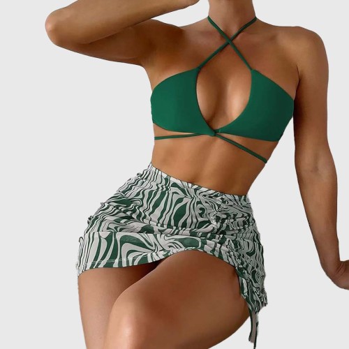 Fashionable and Sexy Split Three-Piece SwimsuitBeach-Style Cross-String Design Printed swimsuit