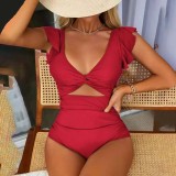 Solid-Color Sexy Ruffled Shoulder Strap One-Piece Swimsuit Fashionable High-Waisted Open-Front One-Piece Swimsuit