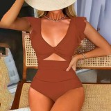 Solid-Color Sexy Ruffled Shoulder Strap One-Piece Swimsuit Fashionable High-Waisted Open-Front One-Piece Swimsuit