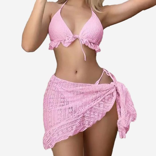 Summer new style sexy three-piece chiffon dress swimsuit bikini with neck strap solid-colored swimsuit