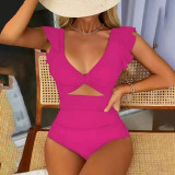 Solid-Color Sexy Ruffled Shoulder Strap One-Piece Swimsuit Fashionable High-Waisted Open-Front One-Piece Swimsuit