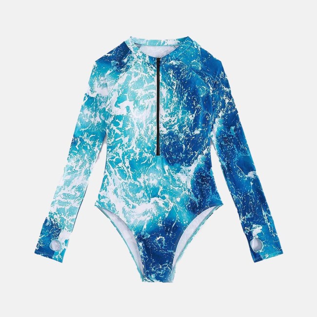 Blue and White Wave-Print Long-Sleeved One-Piece Swimsuit Fashionable Sporty Zipper-Fitted Swimsuit