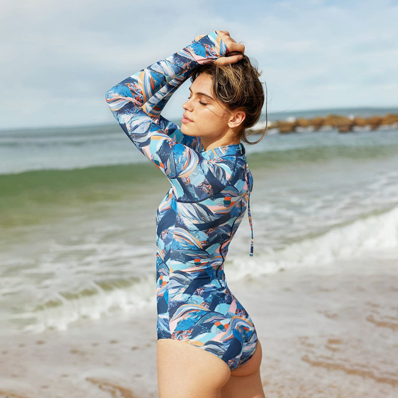 Blue Artistic Print Long-Sleeved One-Piece Swimsuit Fashionable Sporty Tight-Fitting Swimsuit
