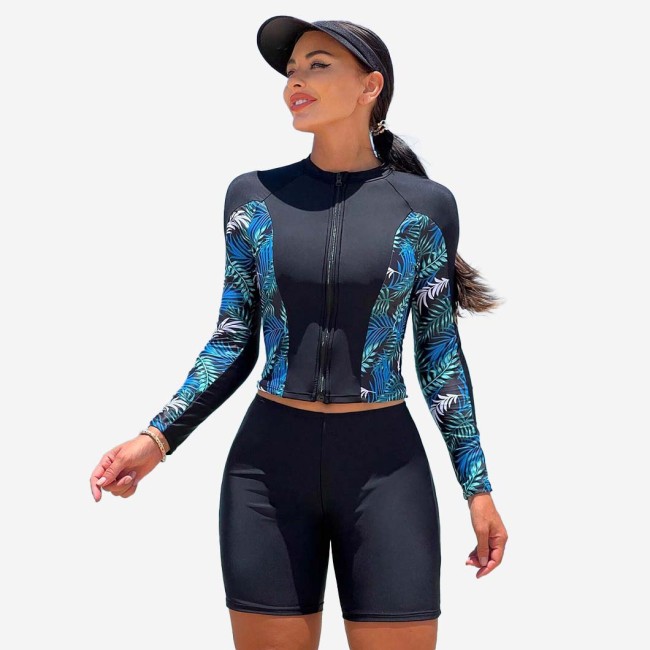 Tropical Printed Long-Sleeved Two-Piece Swimsuit Fashionable Sporty Zipper Tight Swimsuit