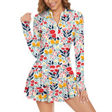 Multi-Color Printed Long-Sleeved One-Piece Swimsuit Fashionable and Sporty Form-Fitting Swimsuit