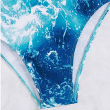 Blue and White Wave-Print Long-Sleeved One-Piece Swimsuit Fashionable Sporty Zipper-Fitted Swimsuit