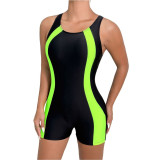 Fluorescent Green and Black Patchwork One-Piece Flat-Front Swimsuit Sleeveless Backless Surfing Top Sun-Protective Swimsuit