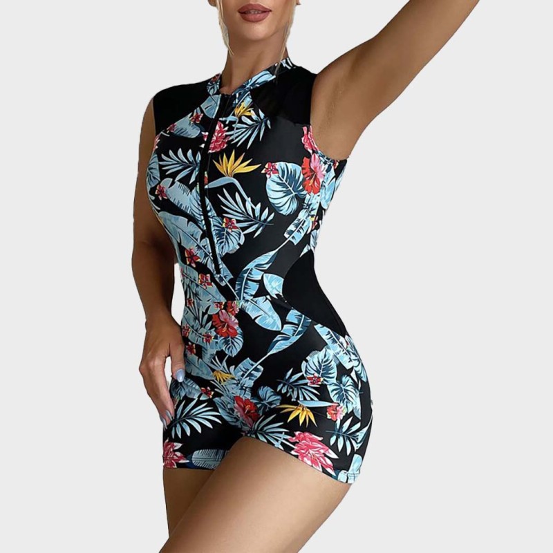 Retro Floral Zipper-Style One-Piece Swimsuit Fashionable Trendy Sleeveless Back Swimsuit