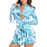 Multi-Color Printed Long-Sleeved One-Piece Swimsuit Fashionable and Sporty Form-Fitting Swimsuit