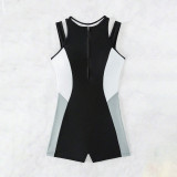 Three-Color Patchwork Zipper Style One-Piece Flat-Front Swimsuit Fashionable and Trendy Sleeveless Surf Swimsuit