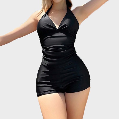 Simple Black Neckless Deep V Two-Piece Swimsuit Fashionable and Trendy Sleeveless Surf Top Swimsuit