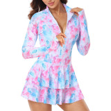 Multi-Color Printed Long-Sleeved One-Piece Swimsuit Fashionable and Sporty Form-Fitting Swimsuit