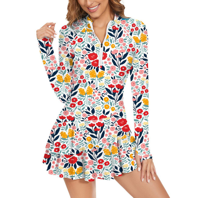 Multi-Color Printed Long-Sleeved One-Piece Swimsuit Fashionable and Sporty Form-Fitting Swimsuit