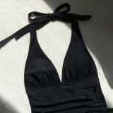 Simple Black Neckless Deep V Two-Piece Swimsuit Fashionable and Trendy Sleeveless Surf Top Swimsuit