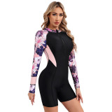 Floral Print Patchwork Zipper Style One-Piece Flat-Front Swimsuit Fashionable and Sexy One-Piece Surfing Swimsuit