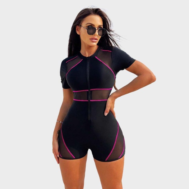 Black Mesh Fabric Patchwork Zipper Short-Sleeved One-Piece Flat-Front Swimsuit Fashionable and Sexy One-Piece Surfing Swimsuit
