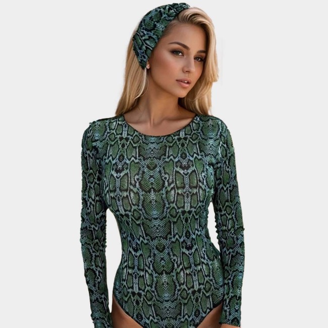 Snake-Patterned Long-Sleeved One-Piece Swimsuit Fashionable and Sexy One-Piece Surfing Swimsuit