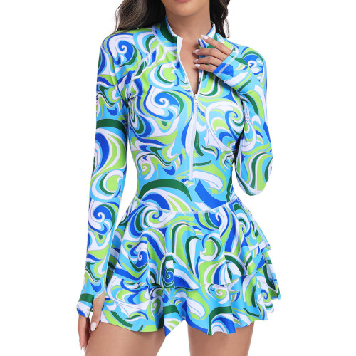 Multi-Color Printed Long-Sleeved One-Piece Swimsuit Fashionable and Sporty Form-Fitting Swimsuit
