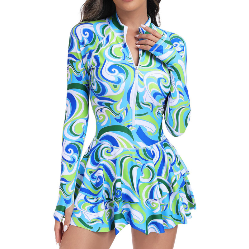 Multi-Color Printed Long-Sleeved One-Piece Swimsuit Fashionable and Sporty Form-Fitting Swimsuit