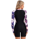 Floral Print Patchwork Zipper Style One-Piece Flat-Front Swimsuit Fashionable and Sexy One-Piece Surfing Swimsuit
