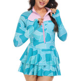 Multi-Color Printed Long-Sleeved One-Piece Swimsuit Fashionable and Sporty Form-Fitting Swimsuit