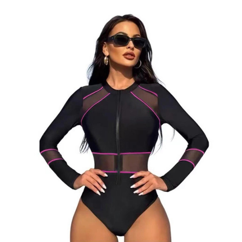 Black Netting Spliced Zipper Long-Sleeved One-Piece Swimsuit Fashionable and Sexy One-Piece Surfing Outfit Swimsuit