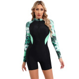 Floral Print Patchwork Zipper Style One-Piece Flat-Front Swimsuit Fashionable and Sexy One-Piece Surfing Swimsuit