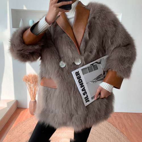 Faux fox fur leather patch winter multi-color coat women's casual fashionable warm outdoor coat
