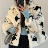 Black and white loose faux mink fur winter coat women's casual fashionable and warm outdoor coat