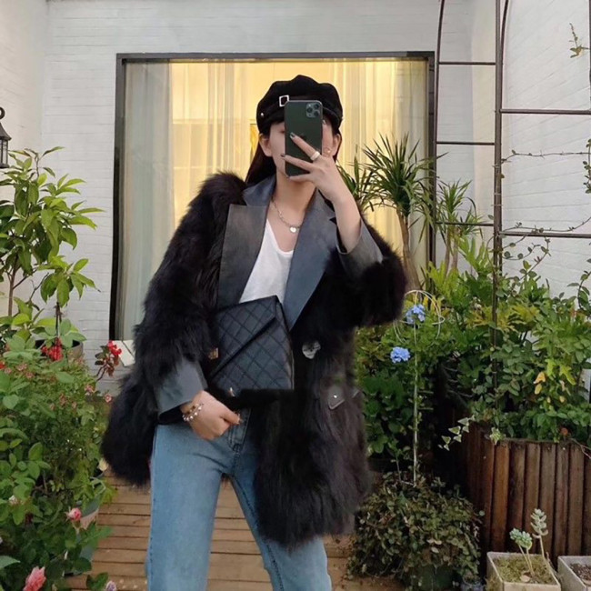 Faux fox fur leather patch winter multi-color coat women's casual fashionable warm outdoor coat