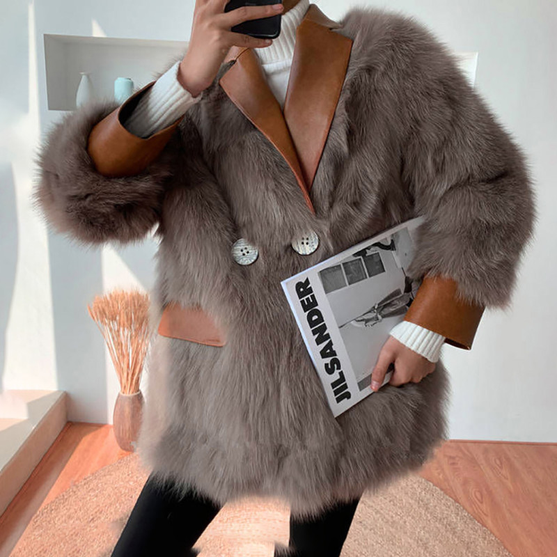 Faux fox fur leather patch winter multi-color coat women's casual fashionable warm outdoor coat