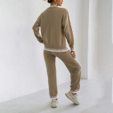 Women's machine-woven set sweater fall/winter casual color-matched patchwork sweater pullover top + straight-leg wide-leg pants set sweater