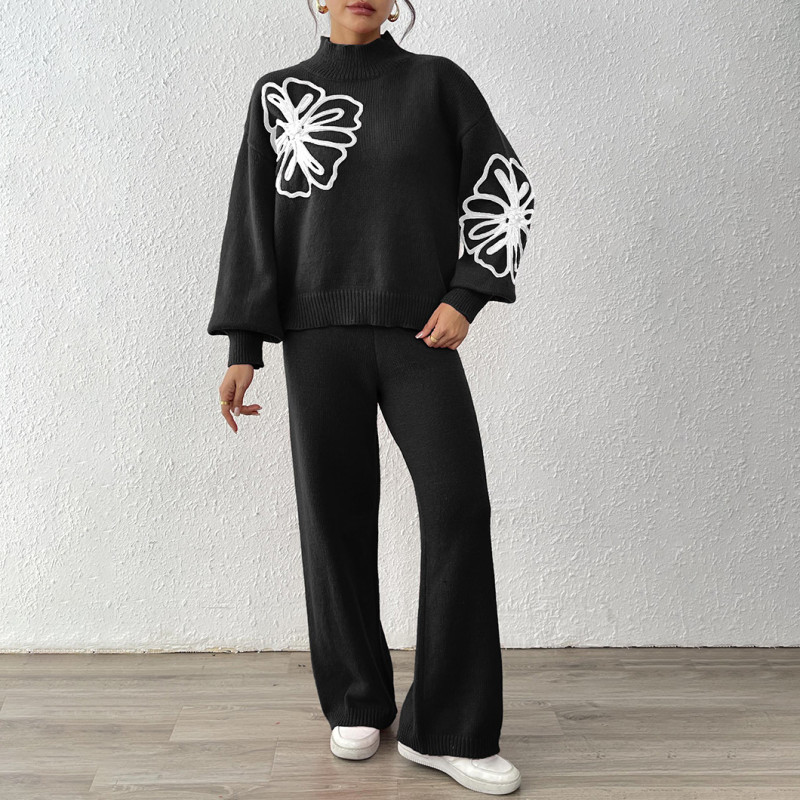 Lace embroidered lantern sleeve pullover sweater autumn wide-leg casual pants straight-leg pants pullover sweater set loose casual sweater