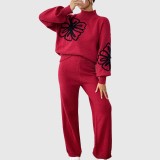 Lace embroidered lantern sleeve pullover sweater autumn wide-leg casual pants straight-leg pants pullover sweater set loose casual sweater