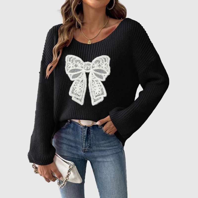 Autumn/Winter Bowknot Embroidered Patch Sweater College-style V-neck Pullover Sweater Sleeveless Flared Sleeve Sweater