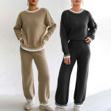 Women's machine-woven set sweater fall/winter casual color-matched patchwork sweater pullover top + straight-leg wide-leg pants set sweater