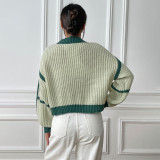 Women's cardigan sweater color-blocked short-sleeved sweater casual loose-knit sweater