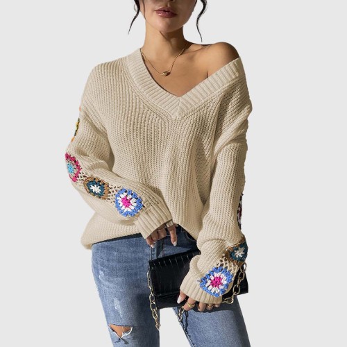 Autumn and winter hand-knitted flower-patterned patchwork sweater V-neck pullover sweater relaxed and casual sweater