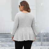 Big size baby dress V-neck sweater lantern sleeve plaid fleece sweater golden button loose casual sweater