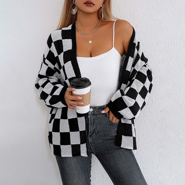 Women's wool cardigan sweater color-blocked checkered sweater loose and casual sweater