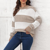 Color-blocked striped knitted sweater loose-fitting pullover sweater casual long-sleeved sweater