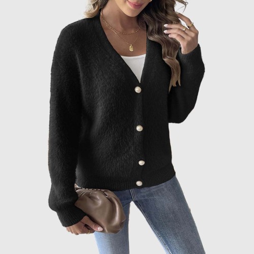 Women's faux mink coat-style sweater fall/winter style pearl-button cardigan sweater loose and casual sweater
