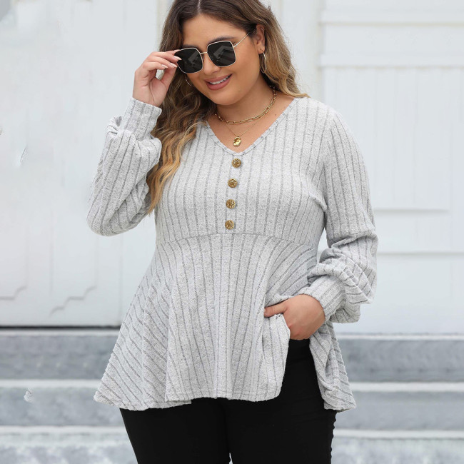 Big size baby dress V-neck sweater lantern sleeve plaid fleece sweater golden button loose casual sweater